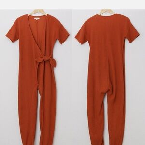 Madewell Textured Knit Tie Knot Jumpsuit Faded Rust Short Sleeves Cotton S